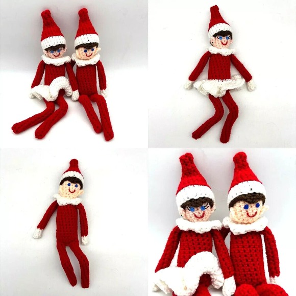 2 Vintage Hand Crocheted Male & Female Couple Christmas Elf Shelf Sitters 14x5" - Picture 1 of 11